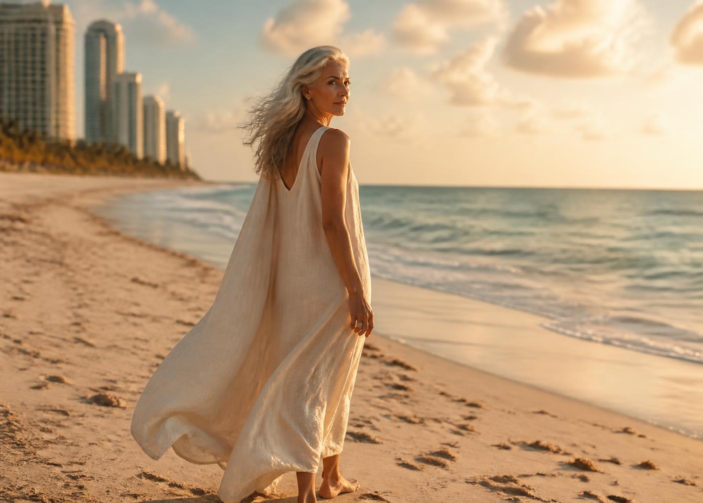 Miami editorial — cream linen dress at golden hour